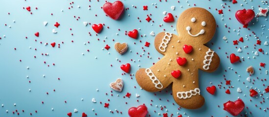Aufkleber - Happy Valentine s Day Beautiful pastry Festively decorated bakery Homemade gingerbread man with red and white icing isolated on a blue pastel background. with copy space image