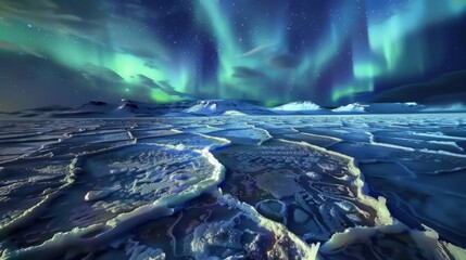 Poster - A mesmerizing view of a high-altitude salt crust with intricate, fractal patterns and a rare, vivid aurora borealis dancing across the sky