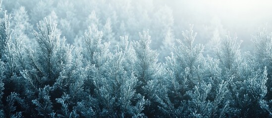Poster - Winter nature backdrop Evergreen trees covered in hoarfrost Spruce and fir limbs blanketed in snow. with copy space image. Place for adding text or design