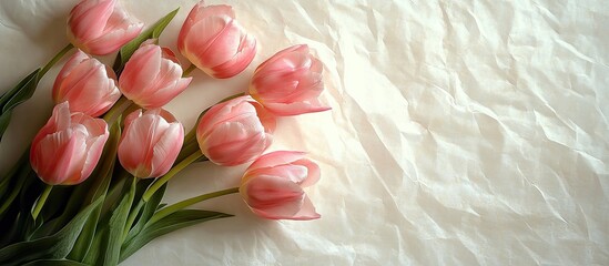 Aufkleber - A cluster of pink tulips resting alone on a backdrop of white Kraft paper. with copy space image. Place for adding text or design