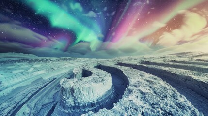Poster - A mesmerizing view of a high-altitude salt crust with intricate, fractal patterns and a rare, vivid aurora borealis dancing across the sky