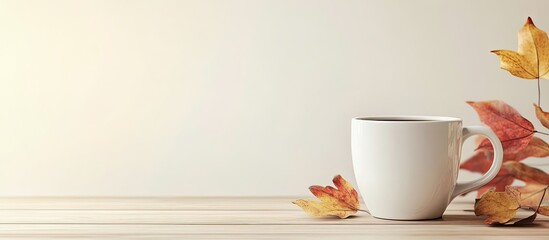 Aufkleber - Autumn backdrop featuring a coffee mug and leaves Comfortable fall arrangement Side view copy space