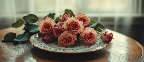 Poster - Romantic table arrangement featuring a bouquet of roses on an antique plate. with copy space image. Place for adding text or design
