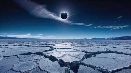 Poster - A mesmerizing view of a high-altitude salt flat with symmetrical, geometric salt patterns and a rare, vivid solar eclipse casting dramatic shadows across the salt formations