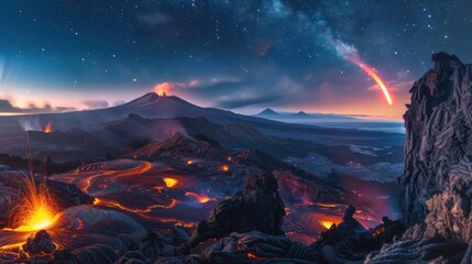 Poster - A mesmerizing view of a high-altitude volcanic caldera with flowing lava channels and a rare, deep blue aurora borealis creating an ethereal light over the fiery landscape, Volcanic caldera scene