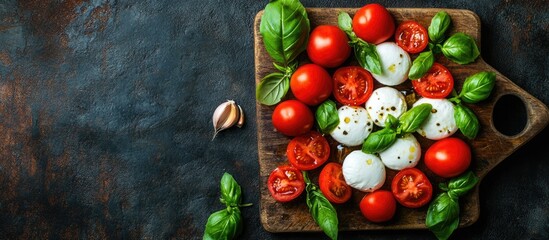 Aufkleber - Ingredients for preparing the traditional Italian salad caprese on a wooden cutting board against a dark slate or rusty metal backdrop Top view with copyspace