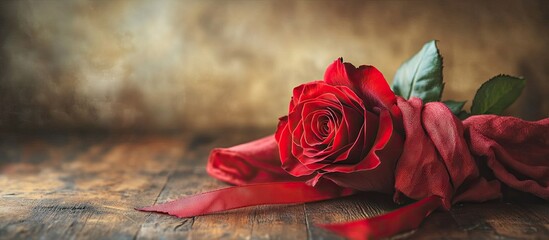 Wall Mural - Red rose wrapped in cloth with a red ribbon on a wooden table Vintage style Valentine concept featuring copy space