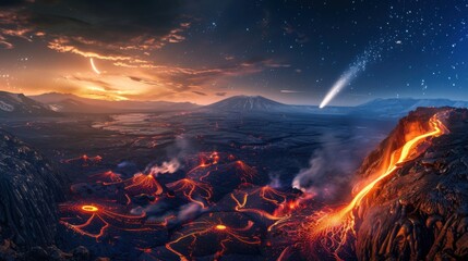 Poster - A mesmerizing view of a high-altitude volcanic caldera with flowing lava channels and a rare, deep blue aurora borealis creating an ethereal light over the fiery landscape, Volcanic caldera scene