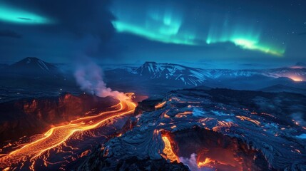 Poster - A mesmerizing view of a high-altitude volcanic caldera with glowing lava rivers and a rare, vivid comet passing through the star-filled sky, Volcanic caldera scene