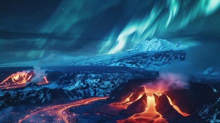 Poster - A mesmerizing view of a high-altitude volcanic caldera with glowing lava rivers and a rare, vivid comet passing through the star-filled sky, Volcanic caldera scene
