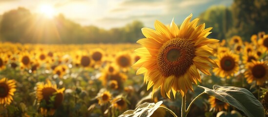 Poster - A stunning summer field teeming with blooming sunflowers on a sunny day A natural rustic landscape serves as the backdrop. with copy space image. Place for adding text or design