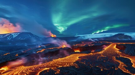 Poster - A mesmerizing view of a high-altitude volcanic caldera with glowing lava rivers and a rare, vivid comet passing through the star-filled sky, Volcanic caldera scene