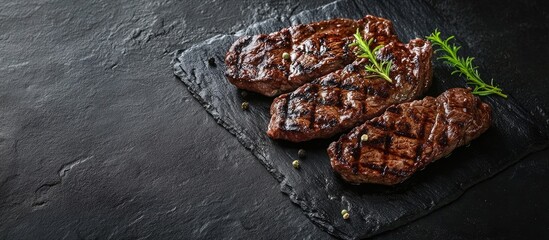 Fototapete - The grilled beef set against a dark background. with copy space image. Place for adding text or design