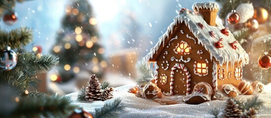 Aufkleber - Square seamless background featuring a gingerbread house on a decorated Christmas tree The Idea of Christmas. with copy space image. Place for adding text or design