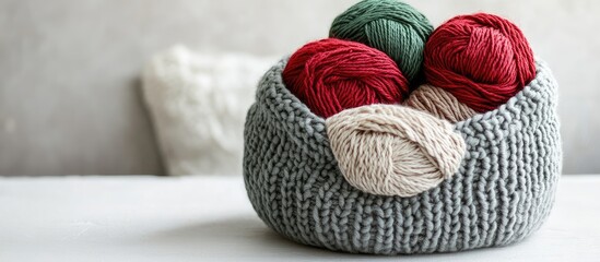 Poster - Green and red yarn in a gray knitted basket on a white table Concept of home comfort and Christmas Knitting as a hobby for both women and men. with copy space image. Place for adding text or design