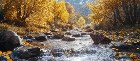 Aufkleber - Autumn leaves in yellow trees and a mountain stream. with copy space image. Place for adding text or design