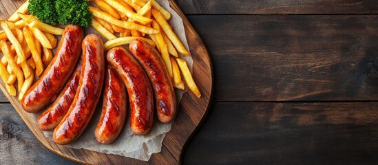 Fototapete - Curry wurst sausages accompanied by French fries on a wooden board with a wooden background Top view. with copy space image. Place for adding text or design