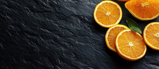 Fototapete - Halves and slices of fresh juicy oranges atop a black textured background. with copy space image. Place for adding text or design