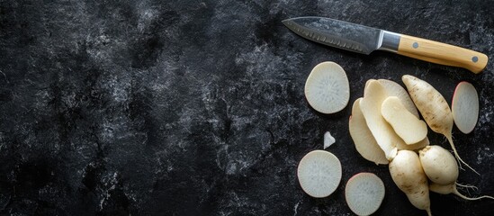 Poster - Peeled daikon radishes and a knife resting on a black stone countertop viewed from above for copy space