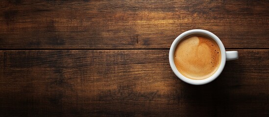 Aufkleber - Cup of coffee on a brown wooden table in a coffee shop A hot cappuccino is the perfect way to begin any morning at a cafe with copy space Top view top down