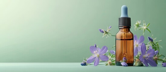Aufkleber - bottle with pipette containing borage oil and borage flowers set against a green background. with copy space image. Place for adding text or design