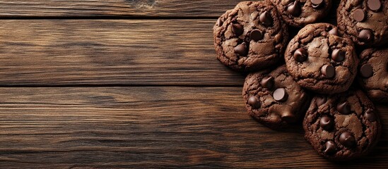 Fototapete - chocolate cookies with chocolate chips set against a wood background. with copy space image. Place for adding text or design