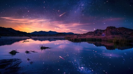 Poster - A mesmerizing view of a remote desert oasis with mirrored water and a rare, bright meteor shower illuminating the desert landscape with celestial brilliance, Desert oasis scene