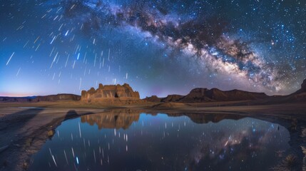 Poster - A mesmerizing view of a remote desert oasis with mirrored water and a rare, bright meteor shower illuminating the desert landscape with celestial brilliance, Desert oasis scene