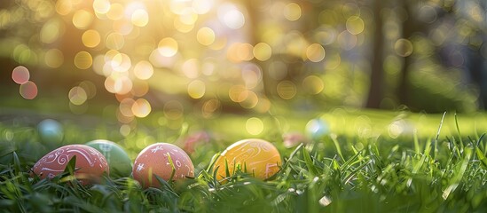 Leinwandbilder - Easter eggs on the grass with a selective focus on the chicken eggs. with copy space image. Place for adding text or design
