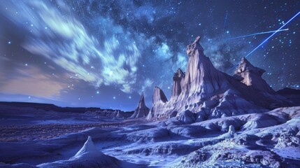 Poster - A mesmerizing view of a remote desert plateau with surreal, crystalline rock structures and a rare, deep blue meteor storm illuminating the arid landscape with streaks of light