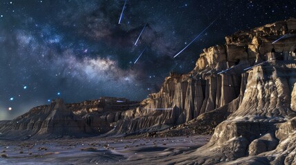Poster - A mesmerizing view of a remote desert plateau with surreal, crystalline rock structures and a rare, deep blue meteor storm illuminating the arid landscape with streaks of light