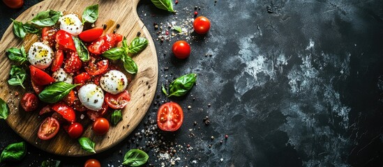 Aufkleber - Ingredients for preparing the traditional Italian salad caprese on a wooden cutting board against a dark slate or rusty metal backdrop Top view with copyspace
