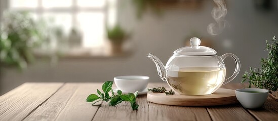 Poster - A stylish teapot cup and teaspoon are positioned on a wooden table in the kitchen alongside green tea. with copy space image. Place for adding text or design