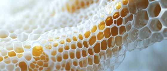 A close up of a yellow and white object with a honeycomb pattern