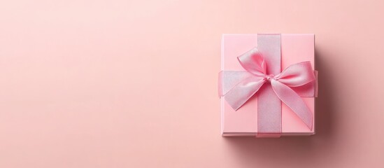 Wall Mural - Gift box with a pink ribbon on a soft pink background Valentine s Day composition Flat lay top view Banner. with copy space image. Place for adding text or design