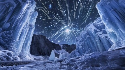 Poster - A mesmerizing view of a remote glacier field with towering, luminous ice spires and a rare, vivid meteor shower illuminating the frosty expanse with streaks of light