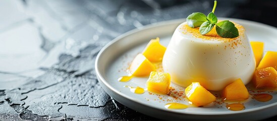 Leinwandbilder - Asian sweet mango and pudding on a plate. with copy space image. Place for adding text or design
