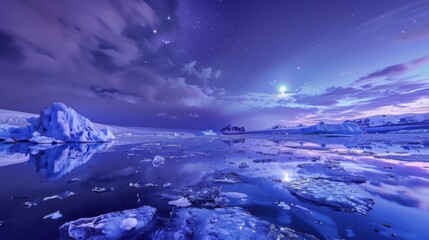 Poster - A mesmerizing view of a remote glacier lagoon with reflective, floating icebergs and a rare, bright planetary conjunction casting a celestial glow over the icy waters