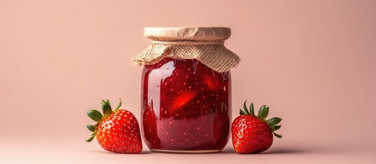 Fototapete - A top view of an empty strawberry jam jar isolated against a light brown background. with copy space image. Place for adding text or design