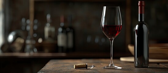 Poster - Close up of a red wine glass on a table with a blurred bottle and corkscrew. with copy space image. Place for adding text or design