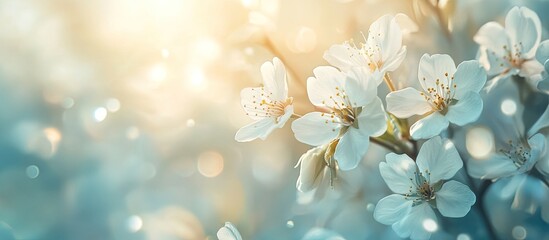 Aufkleber - White Cherry Spring Flowers a toned image illuminated by sunlight. with copy space image. Place for adding text or design