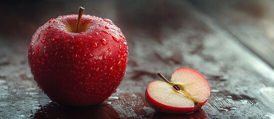 Poster - Red apple with sliced water droplets on an aging table close up copyspace background