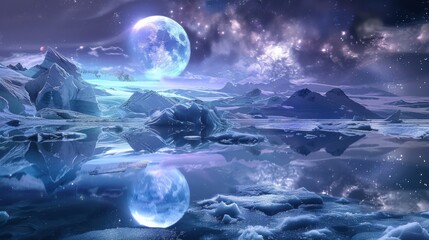 Poster - A mesmerizing view of a remote glacier lagoon with reflective, floating icebergs and a rare, bright planetary conjunction casting a celestial glow over the icy waters