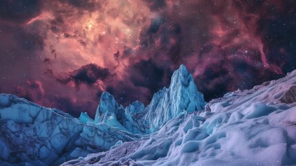 Poster - A mesmerizing view of a remote high-altitude glacier with fractured ice sheets and a rare, vivid supernova explosion in the night sky, Glacier scene
