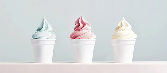 Aufkleber - Three varieties of ice cream in white cups set against a light background Side view copyspace