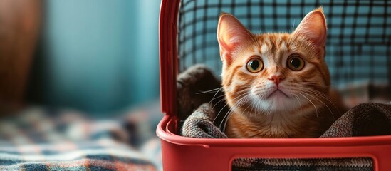 Poster - Adorable humorous cat in a carrier on a plaid surface. with copy space image. Place for adding text or design