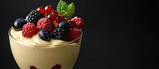 Aufkleber - Milk pudding topped with berries in a glass against a black background copy space