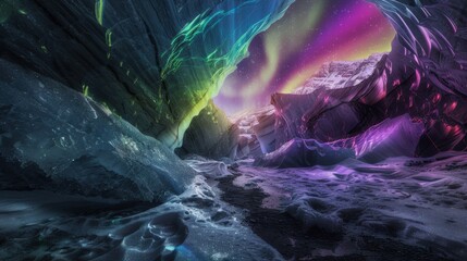 Poster - A mesmerizing view of a remote ice cave with multi-hued crystal formations and a rare, bright aurora borealis creating a surreal light show within the icy confines, Ice cave scene