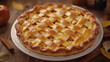 © Mykhailo - Classic Apple Pie on Rustic Wooden Table: Close-Up of Homemade Lattice-Crust Pie with Cinnamon Sticks and Autumn Leaves for Festive and Cozy Food Photography