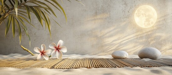 Poster - Health spa environment featuring a bamboo mat and frangipani flower on sand with a zen moon The photo is enhanced with a vintage retro filter. with copy space image. Place for adding text or design